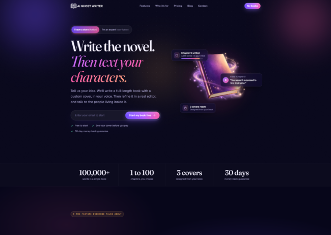 AI Ghost Writer home page hero inviting authors to write a novel and text its characters