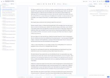 AI Book Editor workspace with chapter list, manuscript and editor chat panel