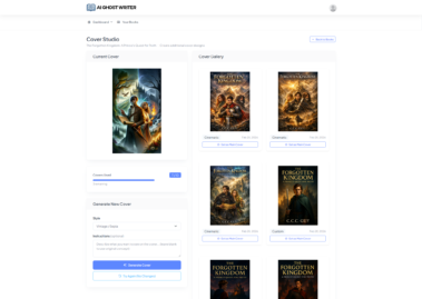 Cover Studio with current cover, style picker and gallery of generated covers