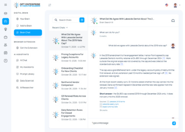 Brain Chat answering a client question with numbered citations and sources