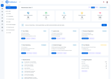 Hired Hands AI home dashboard showing calls handled, booked jobs, leads and reviews