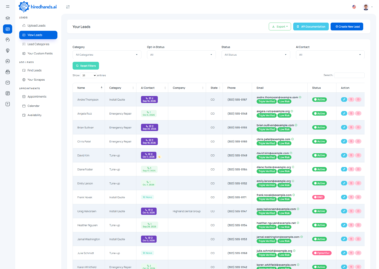 Contractor leads list with service categories, AI contact history and verified emails